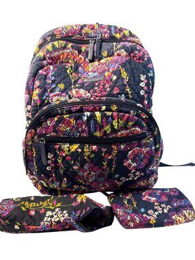 Vera Bradley Quilted Floral Backpack W/Umbrella & Cosmetic Pouches